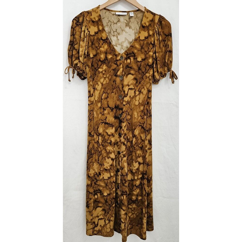 Susan Graver Dress Size XXS Petite Printed Liquid Knit Elbow Sleeve Midi Caramel